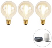 Sada 3 inteligentných žiaroviek E27 Dim to Warm LED G95 Goldline 7W 806lm 1800K - 3000K