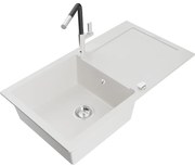 Mexen Leo, 1-komorový granitový drez 900x500x190 mm a drezová batéria Flora, biela, 6501-20-670401-07