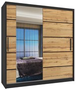 Šatníková skriňa 158 cm Belini čierny mat / dub wotan s posuvnými dverami zrkadlom a zásuvkami  MBP SZP7/0/B/DW/0/KLP