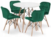 Jedálenská zostava TODI 80cm okrúhly stolový set biely + 4 stoličky LAGO zelené
