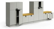 Úložná skriňa QBUS, 2 skrinky + 2 lavice, so soklom, 1257x3200x420 mm, svetlošedá, žltá poduška