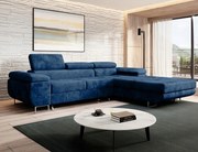 Rohová sedačka s rozkladacími opierkami hlavy Norberg v tmavomodrej velúrovej farbe.