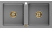 Mexen Mario, granitový drez 820x436x161 mm, 2-komorový, šedá so zlatým sifónom, 6504822000-71-G