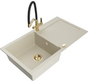 Mexen Leo, 1-komorový granitový drez 900x500x190 mm a drezová batéria Duo, béžová, 6501-69-671701-57-G