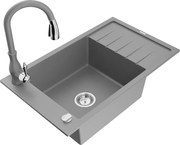 Mexen Elias granitový jednokomorový drez s odkvapkávačom a kuchynskou batériou Savita, Šedá - 6511-71-672601-71