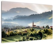 Obraz - dedinka v hmle (90x60 cm)