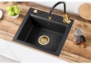 Invena Tesalia, 1-komorový granitový drez 440x480x160 mm a drezová batéria Glamour, čierna-zlatá, INV-AZ-01-Z41-SET
