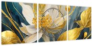 Obraz - Maľba zlatých kvetov (s hodinami) (90x30 cm)