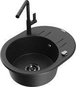 Mexen Kevin granitový jednokomorový drez s odkvapkávačom a kuchynskou batériou Flora, Čierna/Strieborná metalíza - 6517-73-67040