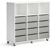 Študentská úložná skrinka CASPER, 12 zásuviek, 3 horné priehradky, biela, šedá