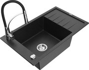 Mexen Elias granitový jednokomorový drez s odkvapkávačom a kuchynskou batériou Aster, Čierna/Strieborná metalíza - 6511-73-73450