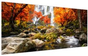 Obraz - Vodopády v jesennej krajine, oranžový (120x50 cm)
