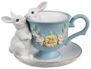 Dekorácia zajačikovia v modrom šálke s kvetinami - 13*16*12 cm