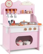 Detská kuchynka s kompletným príslušenstvom Bábikové kravy s hodinami, sporákom a poličkou na koreniny Ružová