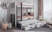Detská poschodová posteľ z masívu borovice ARTEN III s prístelkou a šuplíky - 200x90 cm - biela/grafitová