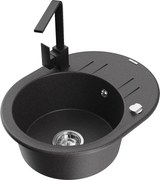 Mexen Kevin granitový jednokomorový drez s odkvapkávačom a kuchynskou batériou Rita, Čierna škvrnitá - 6517-76-670300-70