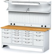 Alfa 3 Dielenský stôl MECHANIC I, perfopanel, polica, el. zásuvky, osvetlenie, 2x 5 a 2x 3 zásuvkový box na náradie, 16 zásuviek, sivé dvere