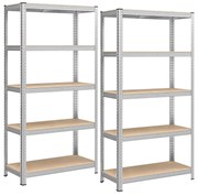 Regály 5-úrovňové s oceľovým rámom a vysokou nosnosťou, sada 2 ks, strieborné