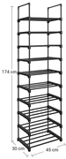 SongmicsHome Stohovateľný regál na topánky TUBE, 10 políc, 45x30x174cm, čierna