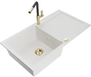 Mexen Leo, 1-komorový granitový drez 900x500x190 mm a drezová batéria Flora, biela, 6501-20-670401-57-G