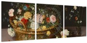 Obraz - Jan Brueghel the Elder, Flowers in a Basket and a Vase, reprodukcia (s hodinami) (90x30 cm)