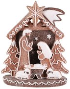 Vianočná dekorácia perníkový Betlehem, polyresin, LED, hnedá