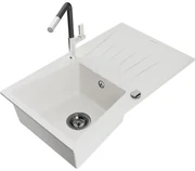 Mexen Cesar, 1-komorový granitový drez 775x470x190 mm a drezová batéria Flora, biela, 6514-20-670401-07-B