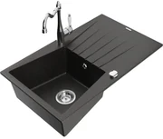 Mexen Cesar, 1-komorový granitový drez 775x470x190 mm a drezová batéria Carla, čierna-zlatá metalíza, 6514-75-670700-00