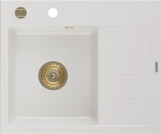 Mexen Ben, 1-komorový granitový drez 600x500x190 mm, ľavý + zlatý sifón, biela, 6522605000-20-G