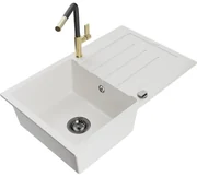 Mexen Bruno, 1-komorový granitový drez 795x495x200 mm a drezová batéria Flora, biela, 6513-20-670401-57-B