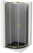 Mexen Rio, štvrťkruhový sprchovací kút s posuvnými dverami 80(dvere) x 80(dvere) x 190 cm, 6mm šedé sklo, zlatý profil + čierna sprchová vanička SLIM, 863-080-080-50-40-4170G