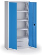 Policová dielenská skriňa 2-dverová, 4 police + 2 zásuvky, 1950 × 950 × 500 mm, modré dvere