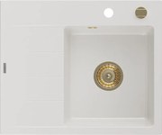 Mexen Ben granitový drez 1-komorový s odkvapkávačom, pravý 600 x 500 mm, biely, sifón zlatý - 6523605000-20-G