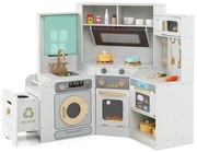 Rohová kuchyňa so svetlami a zvukmi Drevená kuchyňa s výsuvným košom na odpadky Záclona Drez Sporák Mikrovlnná rúra Sivá