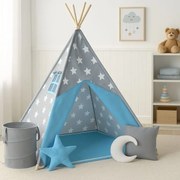 Detský stan teepee, sivo/modrý, s príslušenstvom
