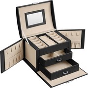 Šperkovnica 3-úrovňová, 2 zásuvky, s cestovným puzdrom, čierna