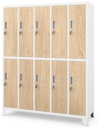 Kovová šatňová boxová skriňa na nôžkach s 10 boxami BARTEK, 1360 x 1720 x 450 mm, Eco Design: biela/ dub sonoma