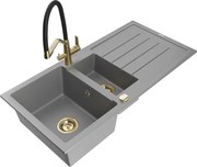 Mexen Andres granitový 1,5-komorový drez s odkvapkávačom a kuchynskou batériou Duo, Šedá - 6515-71-671701-57-G