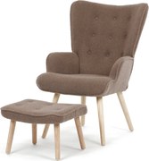 Relaxačné kreslo ušiak ROMEO II + taburet — masívne drevo, látka bouclé, prírodná / hnedá