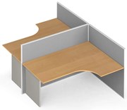 Rohový kancelársky písací stôl PRIMO s paravánmi, tvar T, nástenka, 2 miesta, sivá/buk