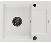 Mexen Enzo granitový jednokomorový drez s odkvapkávačom 576 x 465 mm, Biela, Sifón Čierna - 6506571005-20-B
