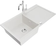 Mexen Leo, granitový drez 900x500x190 mm, 1-komorový a drezová batéria Carla, biela, 6501-20-670700-00