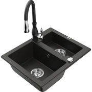 Mexen Carlos, 1,5-komorový granitový drez 582x475x177 mm a drezová batéria Savita, čierna-zlatá metalíza, 6518-75-672601-70