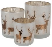 Set 3ks bielo-zlatý sklenený svietnik s jeleňmi - Ø 7*8 / Ø 9*10 / Ø 10*12 cm