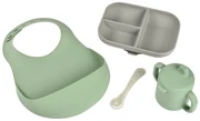 Jedálenská sada silikónová 4-dielna s podbradníkom Grey / Sage Green