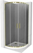 Mexen Rio, štvrťkruhový sprchovací kút s posuvnými dverami 80(dvere) x 80(dvere) x 190 cm, 6mm šedé sklo, zlatý profil + biela sprchová vanička SLIM, 863-080-080-50-40-4110G