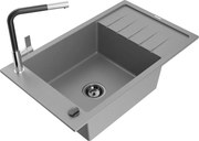 Mexen Elias granitový jednokomorový drez s odkvapkávačom a kuchynskou batériou Flora, Šedá - 6511-71-670401-07-B