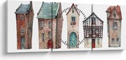 Obraz - Akvarelové domčeky (s hodinami) (90x30 cm)