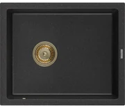 Mexen Pedro, granitový drez 560x460x200 mm, 1-komorový, čierna-strieborná metalíza so zlatým sifónom, 6508561000-73-G
