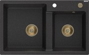 Mexen Tomas, granitový drez 800x500x190 mm, 2-komorový, čierna-strieborná metalíza so zlatým sifónom, 6516802000-73-G